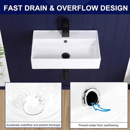 Wall Mount Bathroom Sink 22"x12" Small Vessel Sink Wall Mounted Rectangular Wall Hung Mini White Porcelain Ceramic Floating Tiny Sink with Overflow, Durable, Space-Saving, Ideal for Home,RV