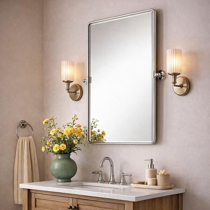 Farmhouse Pivot Rectangle Bathroom Mirror Matt Black Metal Framed Tilting Beveled Vanity Mirrors for Wall, Overall 27.91x 30 inches (Mirrror 24 x 30 inches)