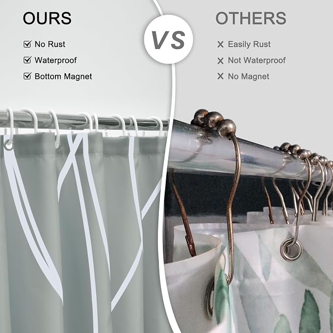 Striped Shower Curtain for Bathroom, Light Grey White, 72"W x 72"L | with Hooks, Modern Hotel Style, Water Repellent, Washable, Weighted Hem