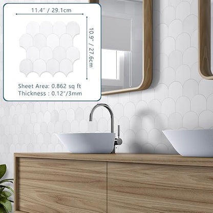 SUNWINGS 10-Sheet Fish Scale Peel and Stick Backsplash Tile, 11.4'' x 10.9" Stone Composite Scallop Handmade Looks Self-Adhesive Wall Tiles for Kitchen Bathroom, White Mixed