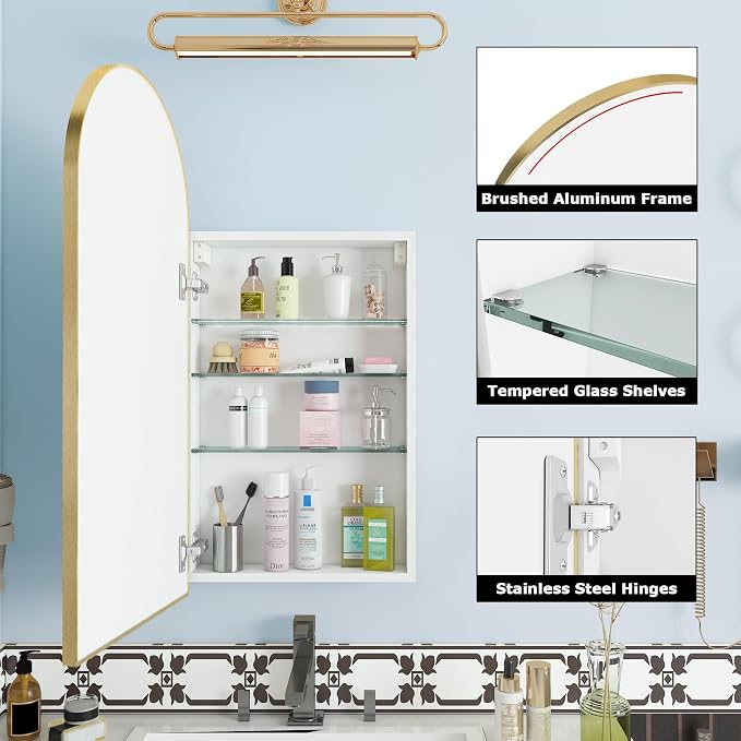 FKWin Medicine Cabinet with Mirror, Surface Mount Arched Design, 16x30 Inch | Medicine Cabinet Mirror, Reversible Door, Space-Saving Storage, Elegant Arched Design, Gold
