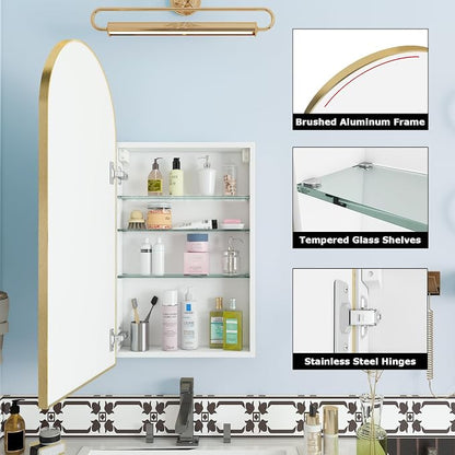 FKWin Medicine Cabinet with Mirror, Surface Mount Arched Design, 16x30 Inch | Medicine Cabinet Mirror, Reversible Door, Space-Saving Storage, Elegant Arched Design, Gold