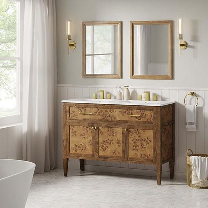 Modway Elysian 48" Burl Wood Double Bathroom Vanity in White Brown with Ceramic Sink Basin