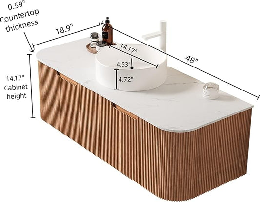 48'' Bathroom Vanities Cabinet with Sink Combo, Wall Mounted Floating Cabinet W/Curved Edges Stripes, Oak Plywood, Soft-close System with 2 Drawer, White Round Ceramic Basin - Kiel, Natural Wood
