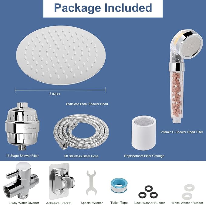 Filter Shower Head, High Pressure 8 Inch Rainfull with Filter Combo for Hard Water, Remove Chlorine Fluoride and Harmful Substances- 1 Replaceable Filter Cartridge (Round, Chrome)