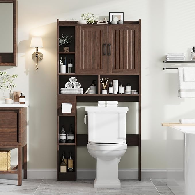 Vabches Farmhouse Over The Toilet Storage Cabinet with Barn Door, Espresso | Storage Cabinet Over Toilet, Home Space-Saving Toilet Rack, for Bathroom, Restroom, Laundry