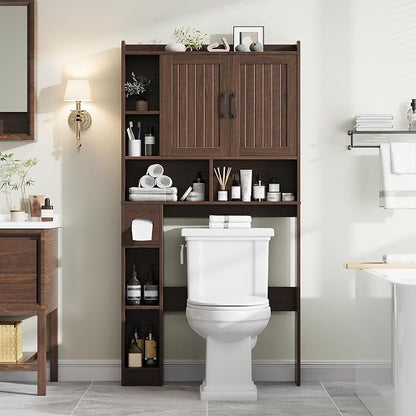 Vabches Farmhouse Over The Toilet Storage Cabinet with Barn Door, Espresso | Storage Cabinet Over Toilet, Home Space-Saving Toilet Rack, for Bathroom, Restroom, Laundry