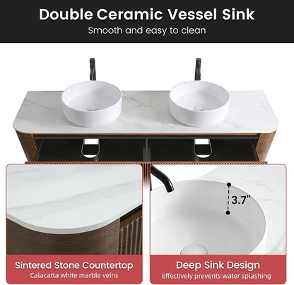 72" Floating Bathroom Vanity with Double White Vessel Sink, Walnut | Pre-Assembled Fluted Wall Mounted Vanity with Ceramic Sink, Sintered Stone Countertop, Soft-Close Drawer & Towel Rack