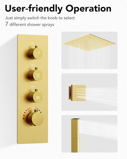 64 Color LED Mood Lighting Rainfall Shower System, 20" Ceiling Mount Bathroom Shower Faucet Set (Brushed Gold)