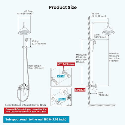 gotonovo Bathroom Exposed Shower Faucet Outdoor Shower System 8 Inch Rainfall Shower Head Set with Tub Spout and Handheld Spray Double Cross Handles Wall Mount without Shower Shelf Polished Gold