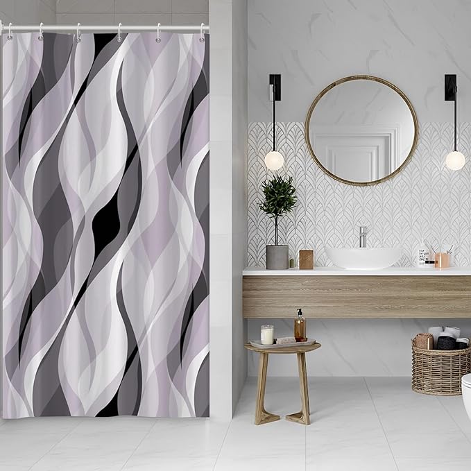 Lavender Shower Curtain, Modern Purple and Grey Striped Shower Curtain Set for Bathroom Waterproof Polyester Shower Curtain with Hooks, 48x72 Inch