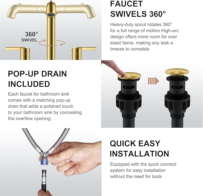 KENES Brushed Gold Pull Down Bathroom Faucet, 8 Inch 2 Handle Widespread Bathroom Faucet 3 Hole with Pull Out Sprayer, Bathroom Sink Faucet with Pop Up Drain & Supply Lines LJ-9058A-4