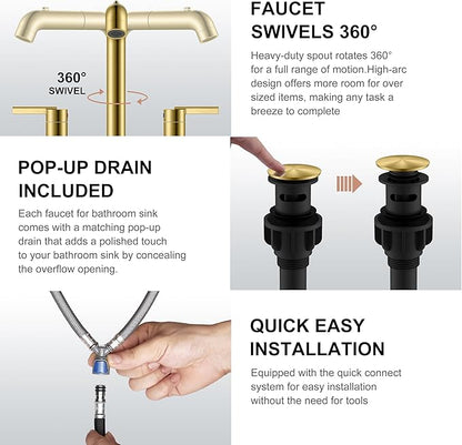 KENES Brushed Gold Pull Down Bathroom Faucet, 8 Inch 2 Handle Widespread Bathroom Faucet 3 Hole with Pull Out Sprayer, Bathroom Sink Faucet with Pop Up Drain & Supply Lines LJ-9058A-4