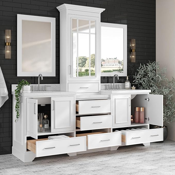 ARIEL Stafford 84-inch Bathroom Vanity with Sink,Solid Wood, 1.5-inch Italian Carrara Marble Countertop, Double Rectangular Porcelain Sink, 5 Soft Closing Doors, 6 Dovetail Drawers, White