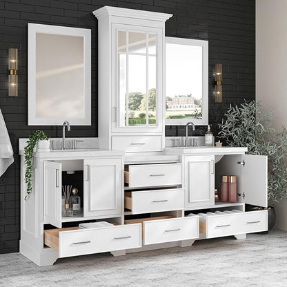 ARIEL Stafford 84-inch Bathroom Vanity with Sink,Solid Wood, 1.5-inch Italian Carrara Marble Countertop, Double Rectangular Porcelain Sink, 5 Soft Closing Doors, 6 Dovetail Drawers, White