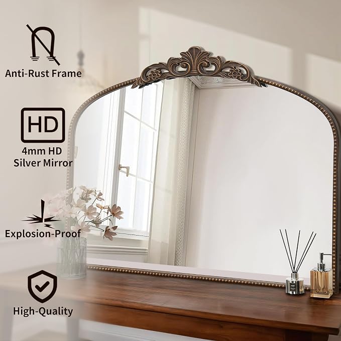 Micasso Vintage Bronze Wall Mirror: 40"x29" Baroque Antique Arched Mirror | Traditional Ornate French Decorative Mirror for Bedroom/Bathroom/Fireplace/Entryway/Hallway/Dresser/Vanity/Mantel/Nightstand