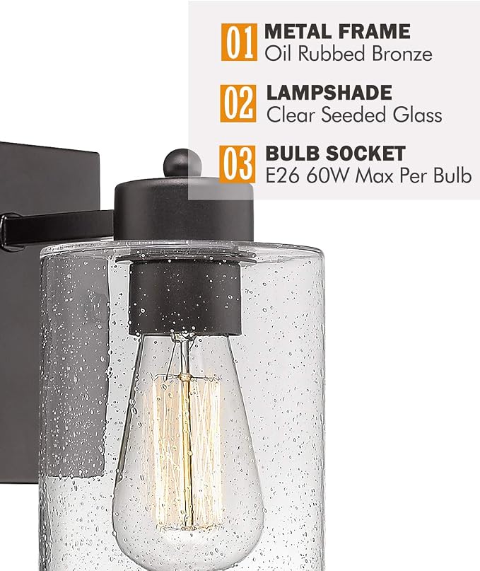 Beionxii 16In Farmhouse Bathroom Light Fixtures,Rustic Vanity Light Fixture | 2-Light Bathroom Vanity Light Fixture, Seeded Glass Shade, Oil Rubbed Bronze Over Mirror for Bathroom Living Room, BXMB9002-2