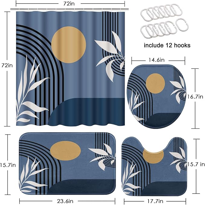Bathroom Sets with Shower Curtain and Rugs, 4 Pcs, Boho Modern | Geometric Abstract Mid Century Bathroom Decor Set with Toilet Lid Cover, Non-Slip Bath Mats and Accessories 12 Hooks