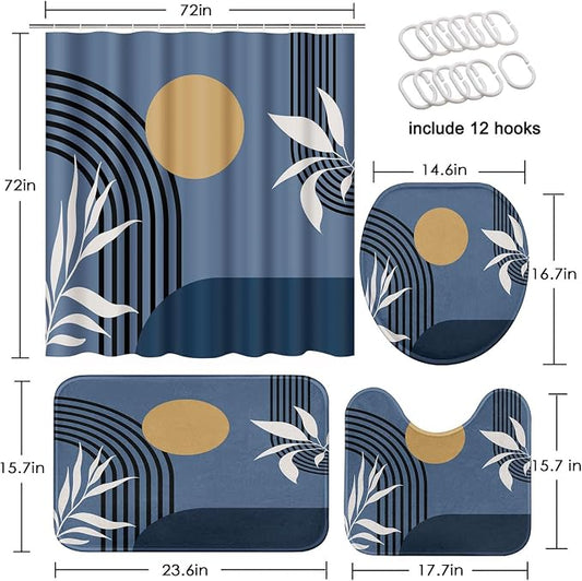 Bathroom Sets with Shower Curtain and Rugs, 4 Pcs, Boho Modern | Geometric Abstract Mid Century Bathroom Decor Set with Toilet Lid Cover, Non-Slip Bath Mats and Accessories 12 Hooks