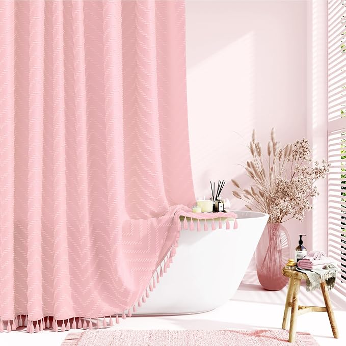 Stall Boho Farmhouse Shower Curtain Tufted Chevron 36"x72" Pink | Narrow Half Size, Elegant Tassel, Soft Lightweight Textured Fabric, Water Repellent, Washable, for Bathroom/Dorm 6 Hooks