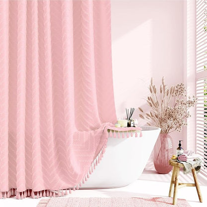 Boho Farmhouse Fabric Shower Curtain Tufted Chevron 72"x72" Pink | Elegant Tassel, Soft Lightweight Textured Cloth, Water Repellent, Washable, Hotel Spa, for Bathroom/Dorm/Apartment 12 Hooks