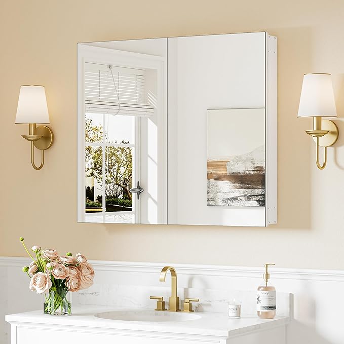 Keonjinn 30"x26" White Bathroom Mirror Cabinet, Lightweight Aluminum Frame | Effortless Assembly, Safe HD Tempered Glass, Wall-mounted or in Wall, Adjustable Shelves, Soft Close, Medicine Cabinets
