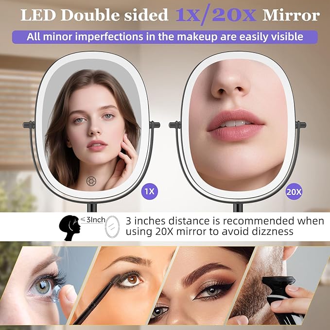 FUNTOUCH 5000mAh Rechargeable Wall Mounted Lighted Makeup Mirror,Black | Double Sided 30X/1X Magnifying Mirror Wall Mounted,Extended Arm 360°Rotation,Touch Dimmable,3 Color Lights for Bathroom
