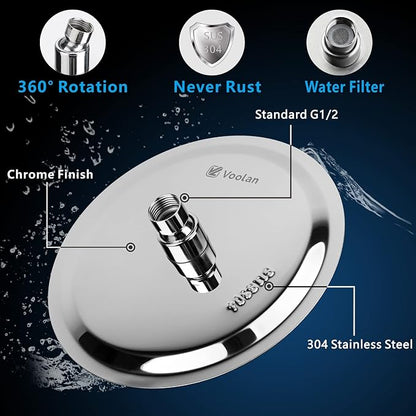 Voolan High Pressure Rain Shower Head - Rainfall Shower head Made of 304 Stainless Steel - Comfortable Shower Experience Even at Low Water Flow (6 Inch, Chrome)