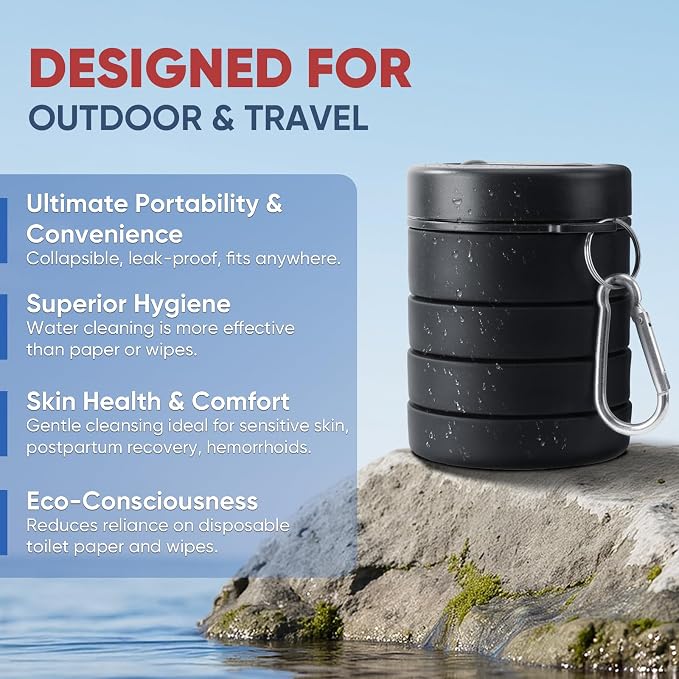 Portable Bidet for Travel, Collapsible Design, Refreshing Clean for Outdoors, Camping & Travel, Black