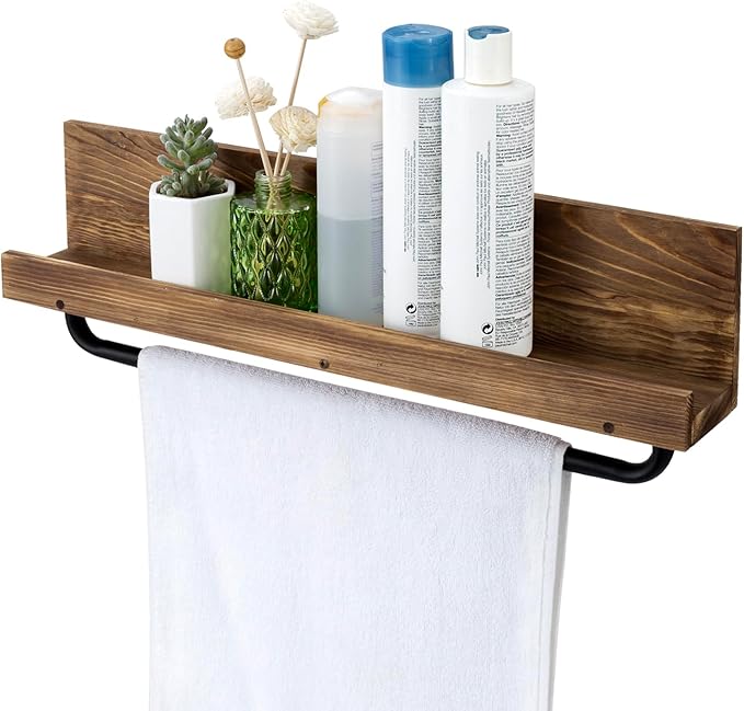 MyGift Bathroom Shelf with Towel Bar 22 Inch, Bath Towel Holder Rack Hanger, Wall Mounted Bathroom Display Storage Shelf, Rustic Burnt Wood with Industrial Metal Pipe