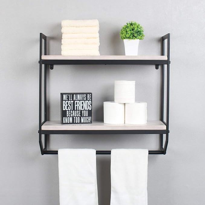 2-Tier Metal Industrial 23.6" Bathroom Shelves Wall Mounted,Rustic Wall Shelf Over Toilet,Towel Rack with Towel Bar,Utility Storage Shelf Rack, Floating Shelves Towel Holder,Retro White