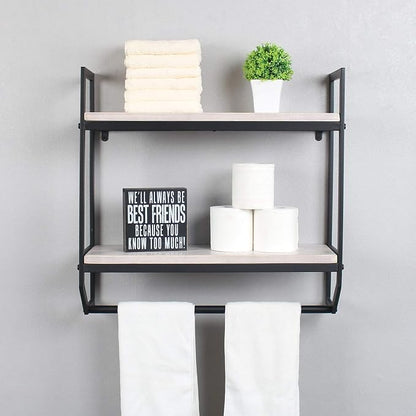 2-Tier Metal Industrial 23.6" Bathroom Shelves Wall Mounted,Rustic Wall Shelf Over Toilet,Towel Rack with Towel Bar,Utility Storage Shelf Rack, Floating Shelves Towel Holder,Retro White