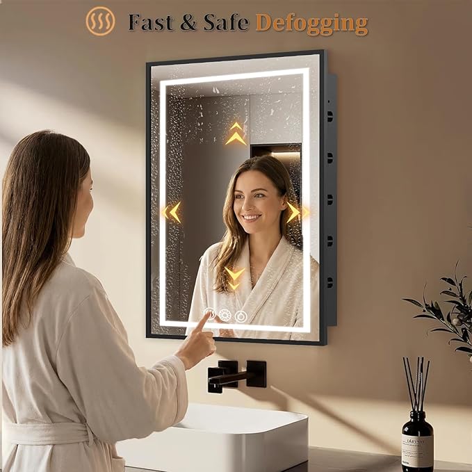 LED Medicine Cabinet Mirror for Bathroom 20x26 Inch, Recessed Medicine Cabinets with Lights, Black Anti-Fog Bathroom Mirror with Storage, Full Metal, Adjustable Shelves, 3 Colors
