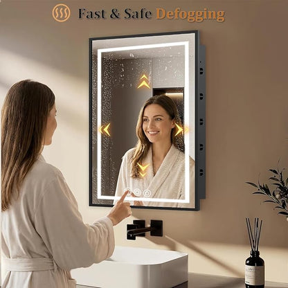 LED Medicine Cabinet Mirror for Bathroom 20x26 Inch, Recessed Medicine Cabinets with Lights, Black Anti-Fog Bathroom Mirror with Storage, Full Metal, Adjustable Shelves, 3 Colors