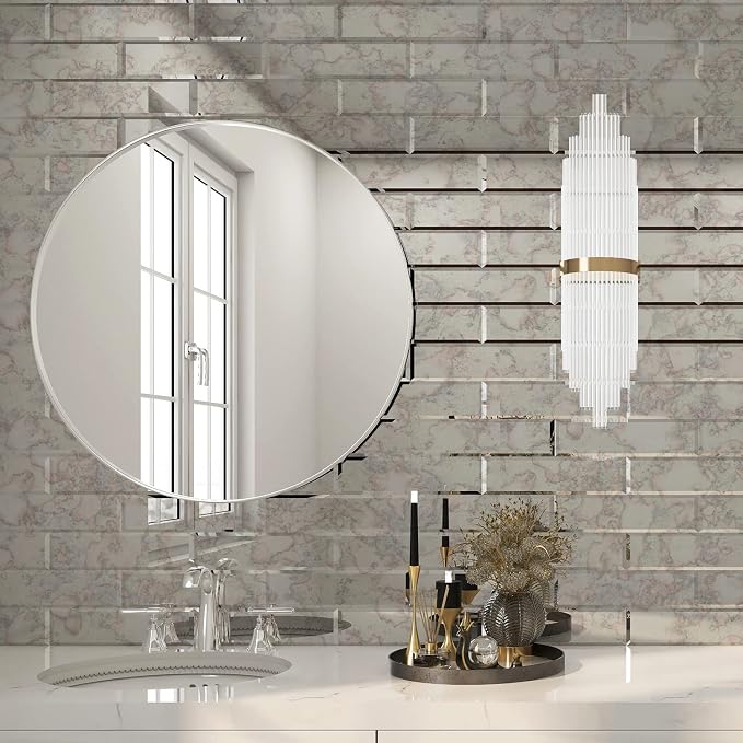 Peel and Stick Antique Beveled Mirror Tile Subway Mirror Backsplash 3x12 Inch for Kitchen Bathroom Wall (20 Pcs, 5 SQ.FT.)