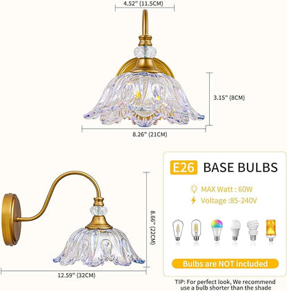 1 Piece Vintage Wall Sconce with Floral Rainbow Glass Shade, Matte Brass Finish Wall Mount Lighting for Bathroom,Vintage Bathroom Vanity Light Fixtures