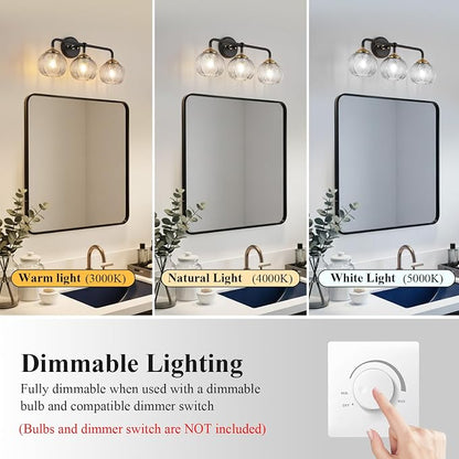 Mecgirn Bathroom Vanity Light Fixtures, 3-Light Smoky Gray Glass Shade, Modern Black and Gold Wall Sconce, Unique Textured Leaf Pattern, Ceramic E26 Sockets Wall Mounted for Mirror, Cabinet, Hallway