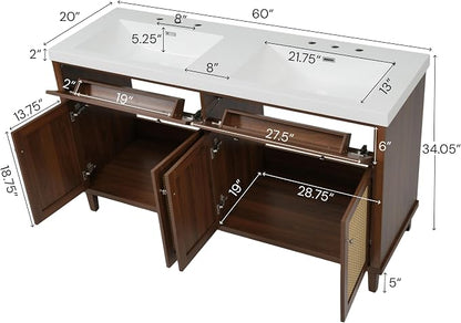 60" Farmhouse Double Sink Bathroom Vanity with Double Sinks, Soft Closing Doors and Flip-Out Drawers, Solid Wood Frame & MDF Wood Bathroom Sink Cabinet, Freestanding Solid Wood Legs