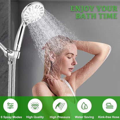 OHDAY® High Pressure Shower Head with Handheld Built-in Power Wash 6-Mode | Powerful Showerhead with 70'' Stainless Steel Hose,Adjustable Bracket,Power Wash for Tub,Tile,Pet & Bathroom Corner