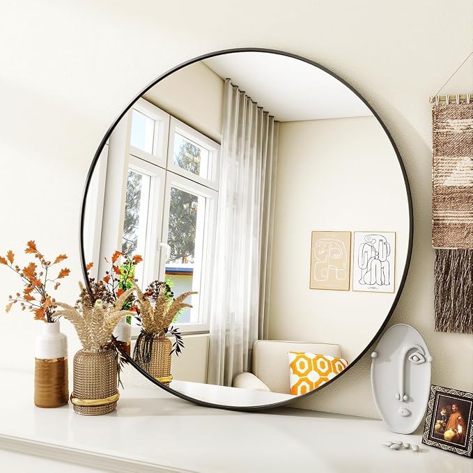 Black Round Bathroom Mirror 30", Thin Metal Frame Wall Mirror | Circle Vanity Mirror for Over Sink, Hanging or Leaning Decor for Hallway, Entryway, Fireplace Mantel, Living Room
