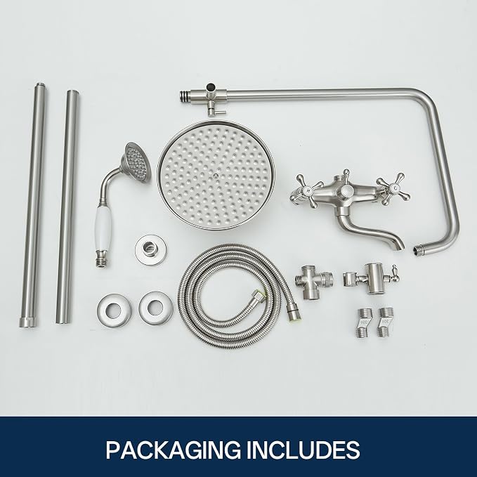Homevacious Brushed Nickel Brass Outdoor Shower Kit Exposed Shower | 8 Inch High Pressure Rain Shower Head with Hand Spray Bathroom Shower Faucet System Double Knobs Cross Handle 3-Function