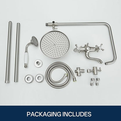 Homevacious Brushed Nickel Brass Outdoor Shower Kit Exposed Shower | 8 Inch High Pressure Rain Shower Head with Hand Spray Bathroom Shower Faucet System Double Knobs Cross Handle 3-Function