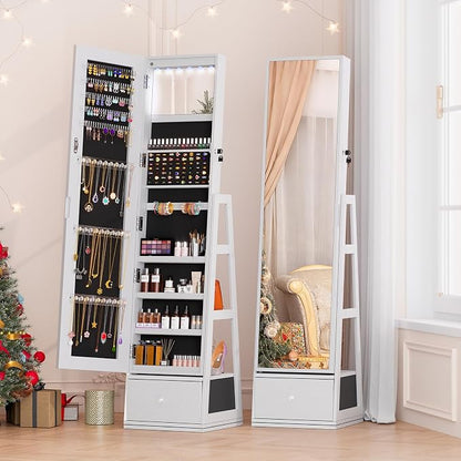 Jewelry Armoire with Drawer and LED Lights, White | Rotatable Jewelry Cabinet with Full Length Mirror, Lockable, 3 Rear Shelves, Jewelry Organizer with Storage for Women, Girl