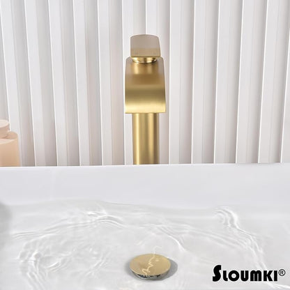 Brushed Gold Vessel Sink Faucet, High Bathroom Sink Faucet, High Waterfall Bathroom Faucet, Single Handle Basin Faucet, Come with Water Hose and Metal Pop Up Drain Without Overflow Hole