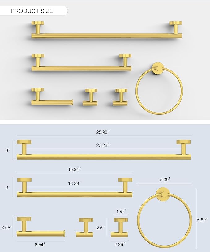 6 Pcs Brushed Gold Bathroom Accessories Hardware Set SUS304 Stainless Steel | Towel Rack and Toilet Paper Holder Set Bath Towel Bar Set Wall Mounted for Bathroom Kitchen by HOMEMYSTIQUE