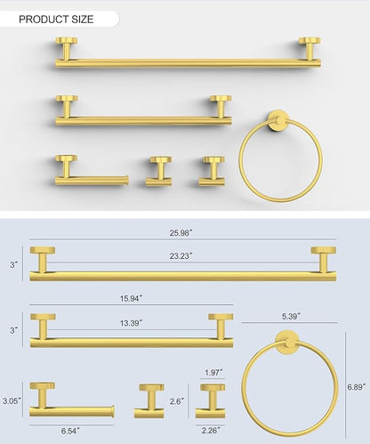 6 Pcs Brushed Gold Bathroom Accessories Hardware Set SUS304 Stainless Steel | Towel Rack and Toilet Paper Holder Set Bath Towel Bar Set Wall Mounted for Bathroom Kitchen by HOMEMYSTIQUE