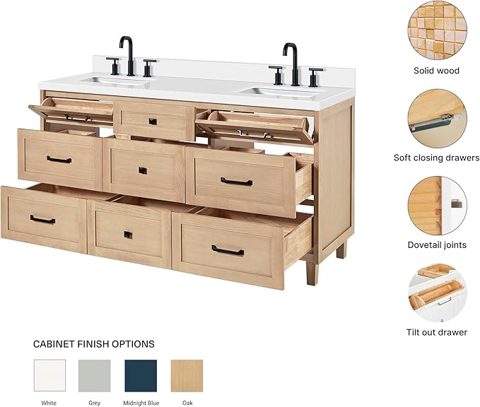 ARIEL Monroe 66-inch Bathroom Vanity with Sink,Solid Wood, 1.5-inch Pure White Quartz Countertop & Backsplash, Double Oval Porcelain Sink, 9 Dovetail Drawers, Matte Black, White Oak