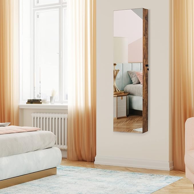 COSTWAY Wall Mounted Jewelry Armoire with Full Length Mirror & 2 LED Lights, Large Capacity, Lockable Mirror Jewelry Cabinet for Women Girls (Rustic Brown)