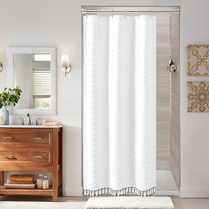 Dynamene Stall Fabric Shower Curtain, 36x72 inch Half Boho Tufted Chevron Striped Small Cloth Shower Curtains for Bathroom, Narrow Thick Waterproof Polyester Shower Curtain Set with 6 Hooks, White