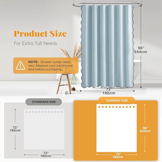 BTTN Extra Long Shower Curtain, 72x96 Boho Scalloped Linen Textured Heavy Duty Fabric Shower Curtain Set with 12 Hooks, Large Elegant Modern Waterproof Washable Shower Curtains for Bathroom, Fog Blue